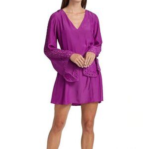 Ramy Brook Eyelet Molly Pink Purple Long Bell Sleeve Mini Dress, Beaded, Sz XS